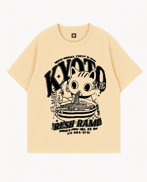 Camiseta De Manga Corta Color Beige Gato Kyoto