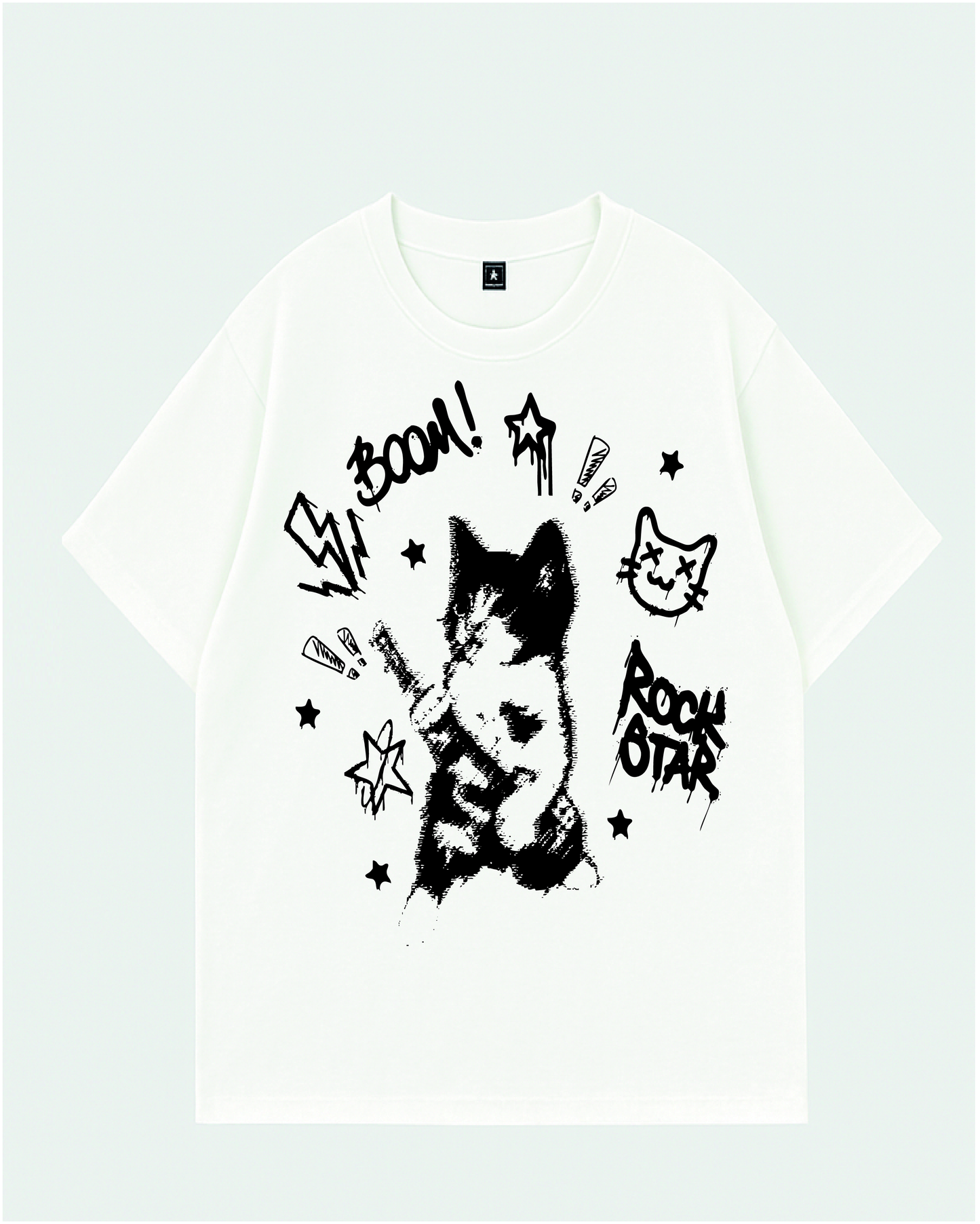 Camiseta Manga Corta Blanca Gato Rockero